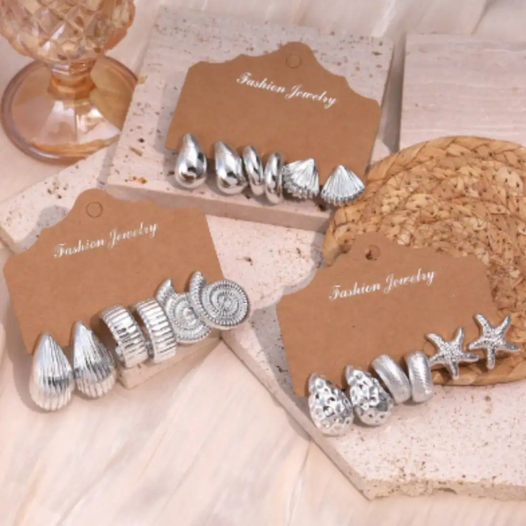 طقم أقراط فضية بتصميم صدف وقطرات الماء - 3 أزواج